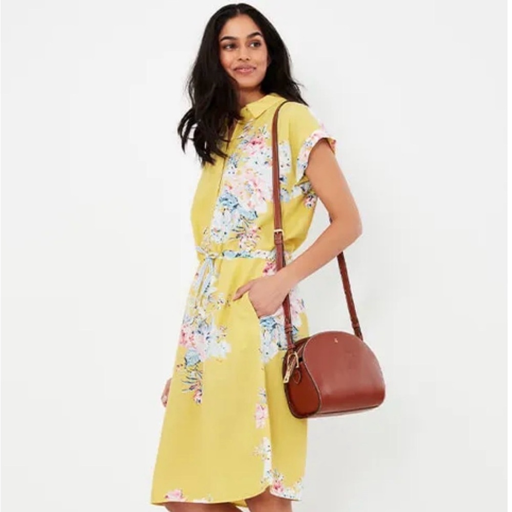 Joules Lemon yellow Floral Allison Linen blend Shirt Dress waist tie casual 4